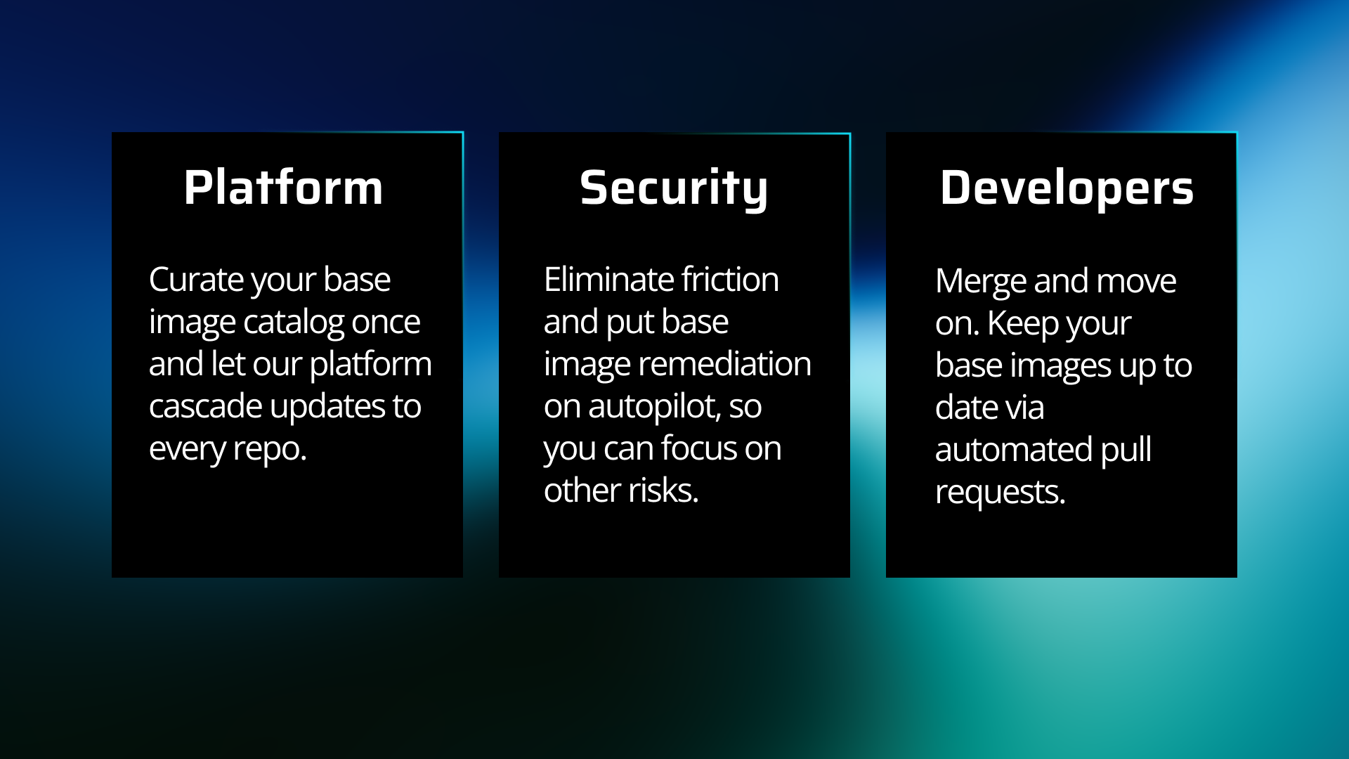 Three columns explaining the benefits of BIMP to Platform, Security and Developers